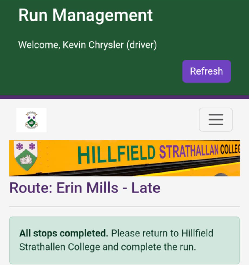 Run complete screen informing the driver the run is finished and showing a Complete Run button